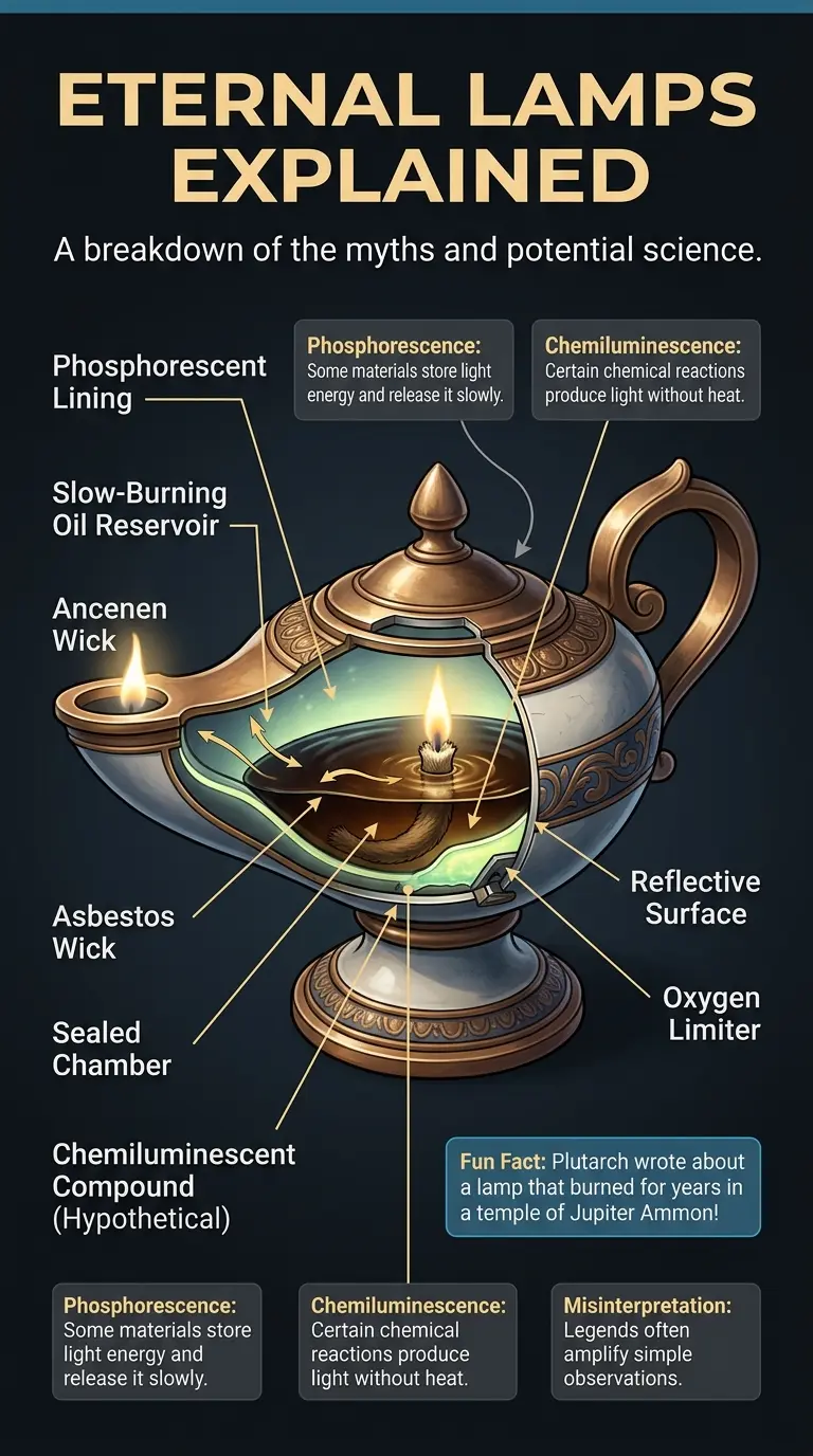 Infographic explaining the science and history behind the legends of ancient perpetual lamps, including phosphorescence, slow chemical reactions, and misinterpretations.