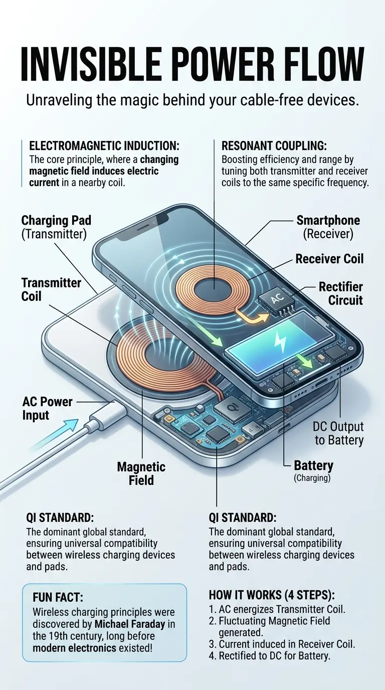 Detailed infographic explaining wireless charging technology, featuring a cutaway smartphone on a charging pad, illustrating electromagnetic induction, resonant coupling, and the Qi standard with labeled components, arrows indicating energy flow, key concept explanation boxes, and a fun fact.