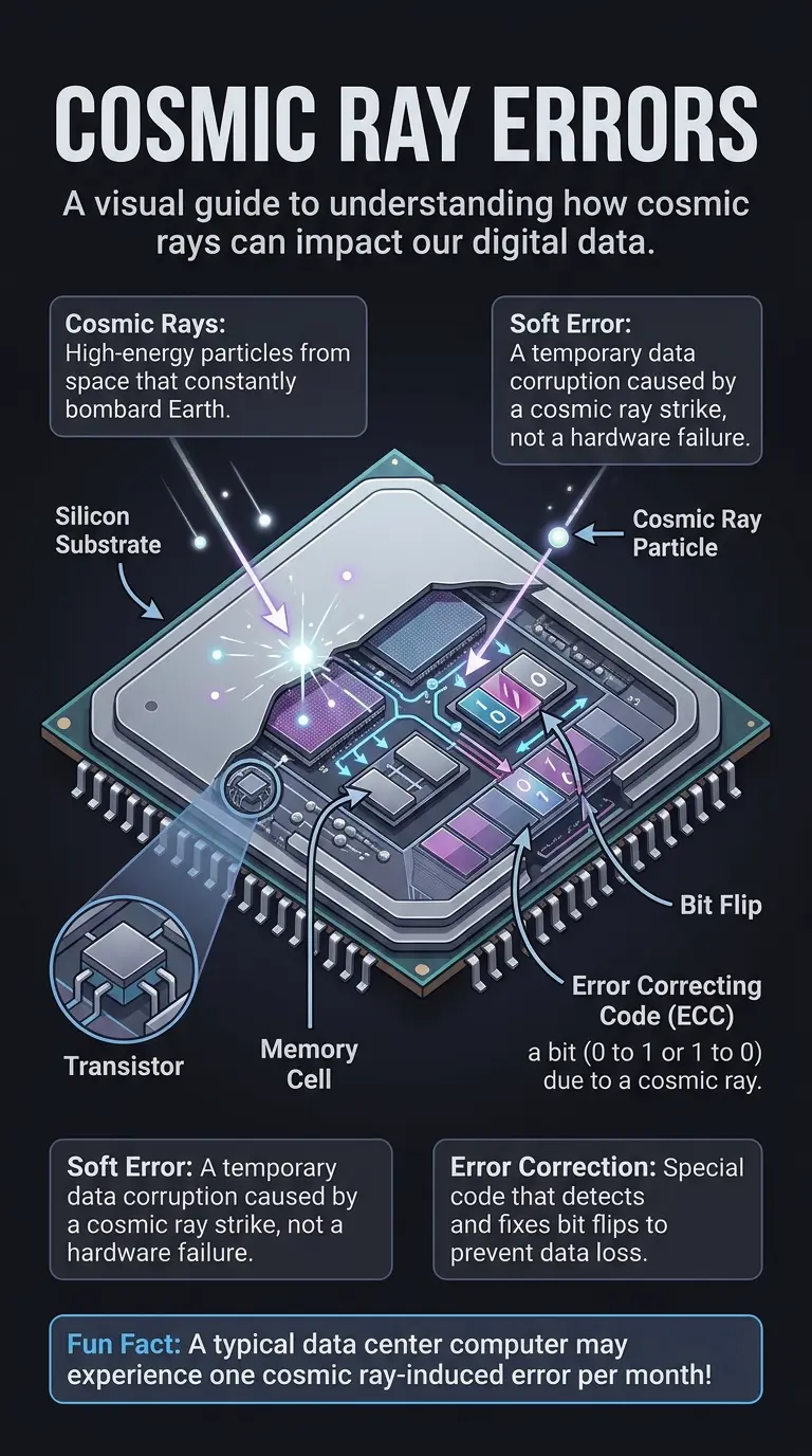 Infographic explaining how cosmic rays can silently corrupt digital memories, leading to soft errors and data alteration, with mitigation strategies.