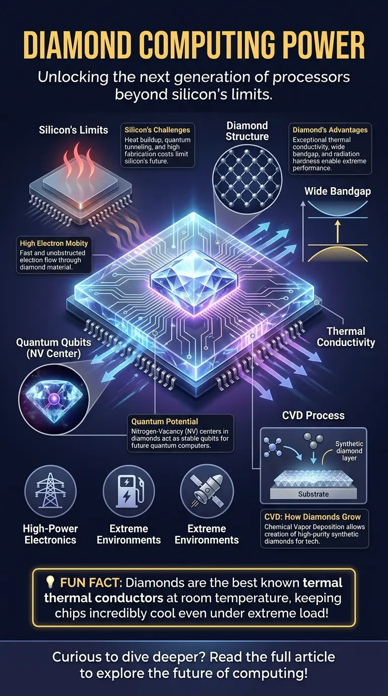 Educational infographic detailing diamond chips, comparing them to silicon, explaining properties like thermal conductivity and wide bandgap, showing quantum potential with NV centers, the CVD process, and applications in high-power and extreme environment computing.