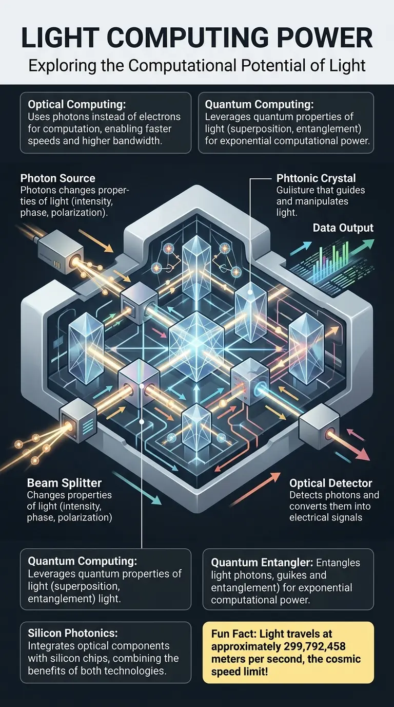 Infographic explaining how light could be the fastest computer in the universe, covering optical and quantum computing principles.