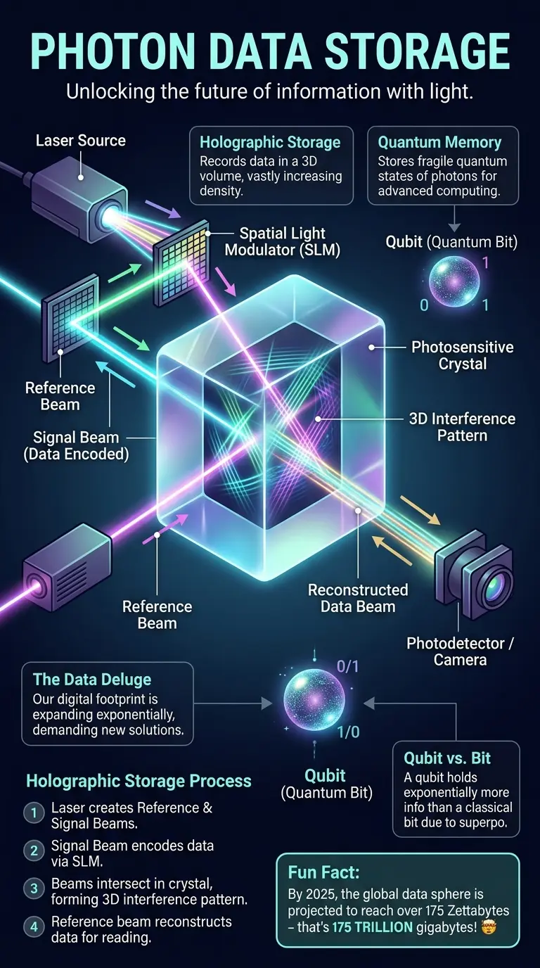 Infographic explaining light-based data storage, featuring a central illustration of a glowing photosensitive crystal with laser beams encoding and decoding information. Key components include a laser source, spatial light modulator (SLM), reference beam, signal beam, 3D interference pattern, and a photodetector. The infographic also details holographic storage, quantum memory, qubits, the data deluge crisis, and a fun fact about global data volume, all connected by directional arrows and clear educational labels. Optimized for vertical viewing on Pinterest.