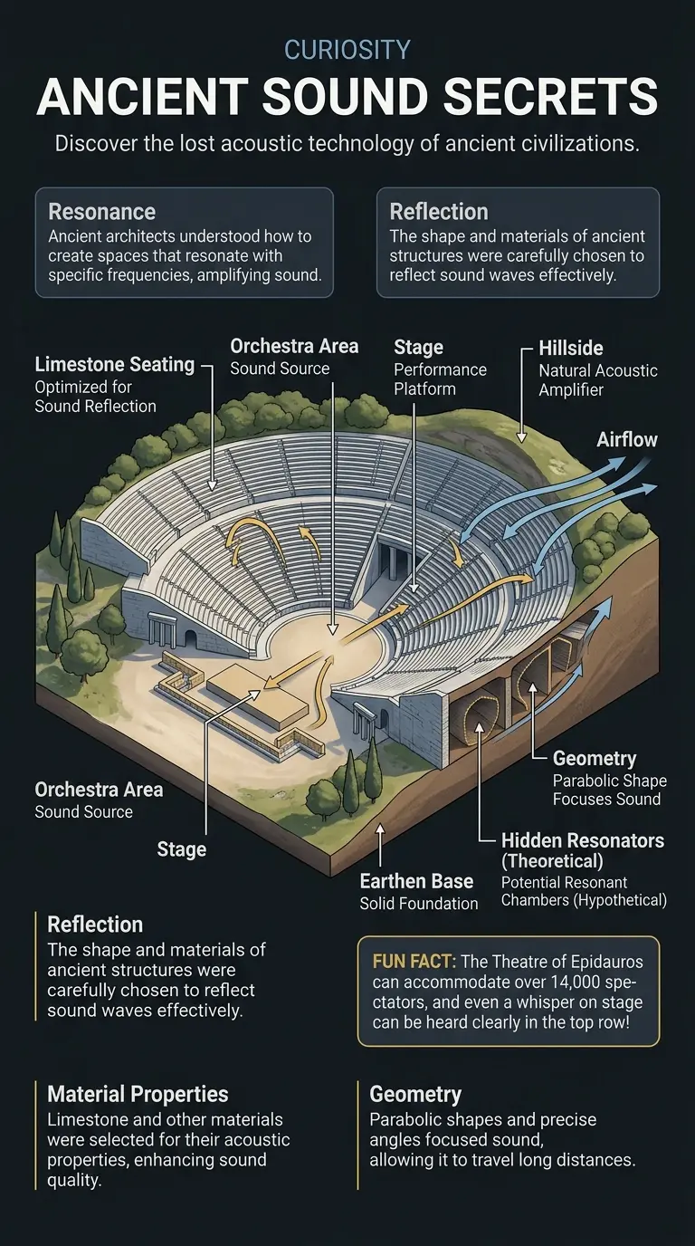 Infographic explaining how ancient architects engineered sound using techniques like resonance, reflection, and material properties in structures like the Theatre of Epidauros and Chichen Itza. #archaeoacoustics #ancientarchitecture #losttechnology