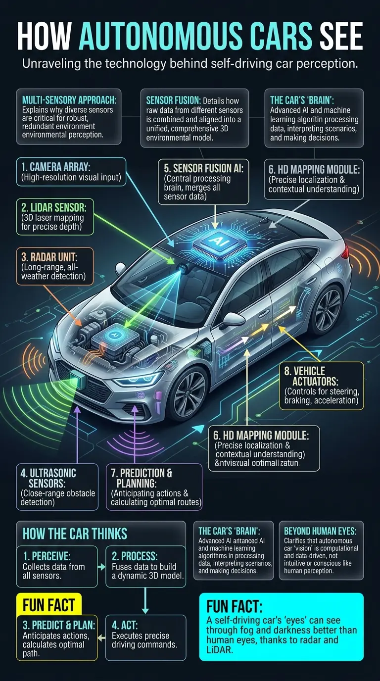 Detailed infographic explaining how self-driving cars perceive their environment using multiple sensors like cameras, LiDAR, radar, and ultrasonic sensors, processed by AI for autonomous vision and navigation. Essential for understanding self-driving technology.