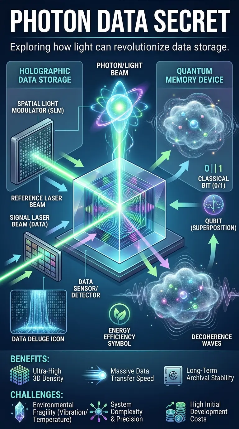 Infographic explaining how light and photons can be used for revolutionary data storage, detailing holographic storage, quantum memory, and the theoretical limits of encoding information in light, with labeled components and an overview of future challenges and implications.