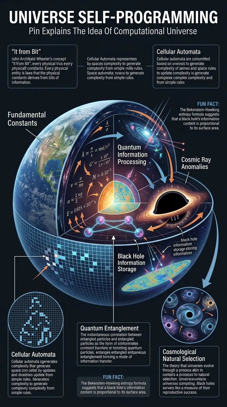 Infographic explaining the computational universe theory, showing the universe as a self-programming system with components like fundamental constants, quantum information theory, and black hole thermodynamics.