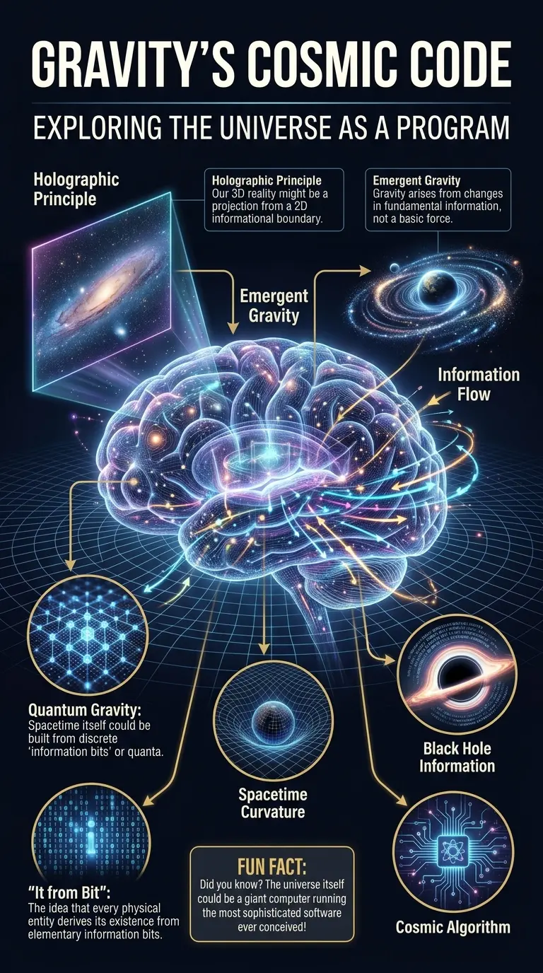 Detailed infographic illustrating the theory of gravity as a cosmic algorithm, featuring a central digital illustration of a holographic universe with labeled components like the Holographic Principle, Emergent Gravity, Quantum Gravity, and Information Flow. The visual uses a dark, tech-magazine style with glowing data streams, explaining how gravity might be an emergent phenomenon from information. Optimized for understanding theoretical physics concepts and suitable for image gallery indexing.