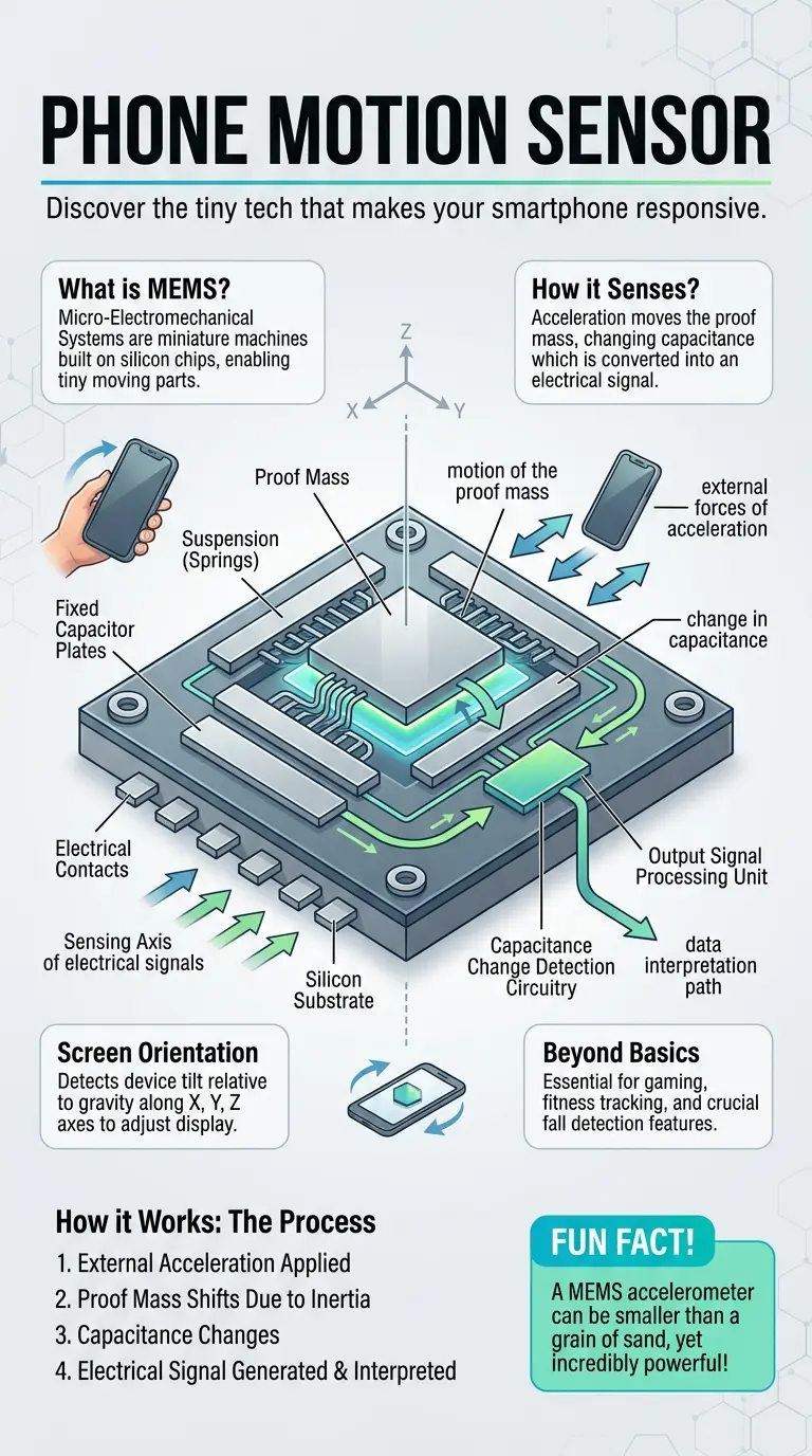 Infographic detailing how smartphone accelerometers work, featuring a cutaway diagram of a MEMS sensor, labeled components like proof mass and capacitor plates, arrows illustrating motion and signal flow, and explanation boxes for screen rotation, fall detection, and gaming applications. Educational tech illustration in a clean, modern style.