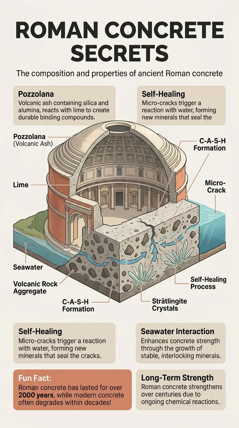 Infographic explaining the composition, properties, and historical significance of ancient Roman concrete, showcasing its self-healing capabilities and long-lasting durability.