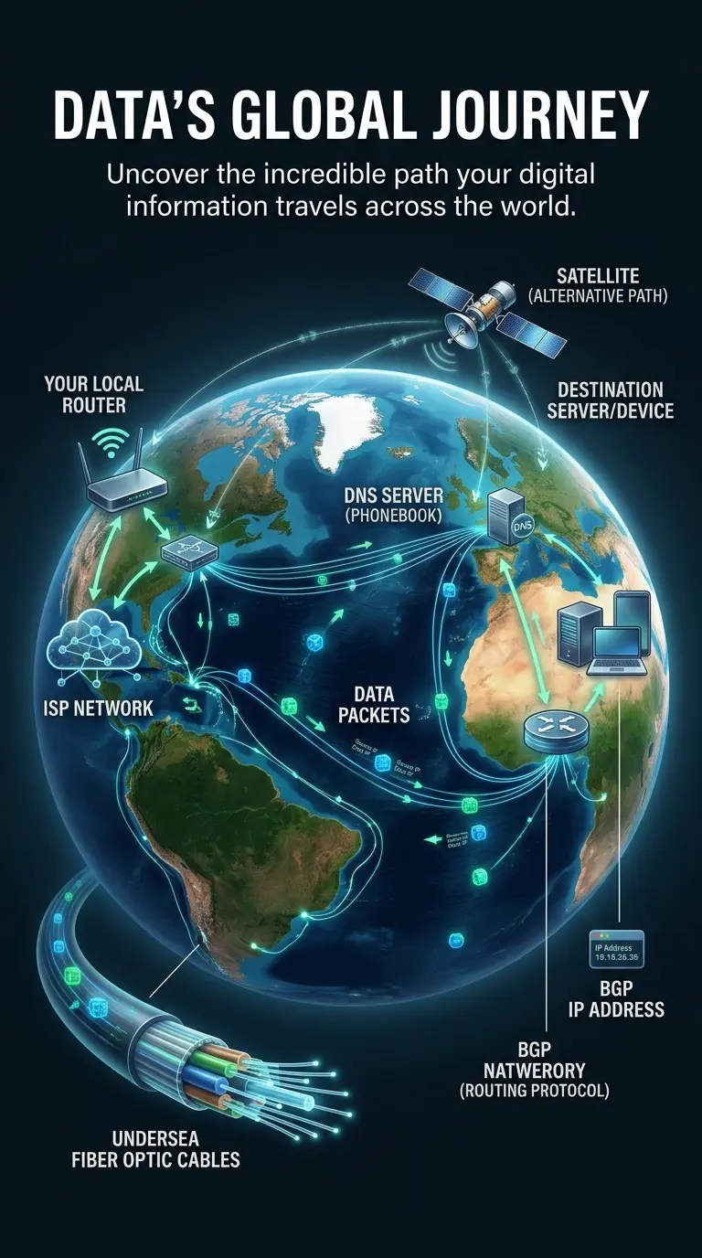 Infographic illustrating how digital data instantly crosses continents via a global network of undersea fiber optic cables, routers, satellites, and data packets. Features a cutaway Earth with glowing data pathways and key components labeled.