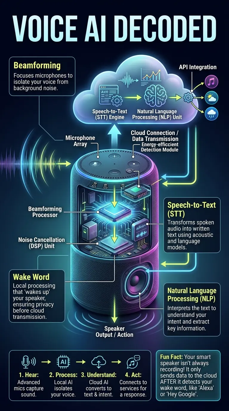 Educational infographic detailing the internal workings of a smart speaker and how voice AI processes human speech. Features a cutaway illustration of a smart speaker, labeled components like microphone arrays, beamforming, wake word detection, speech-to-text, and natural language processing, with arrows illustrating data flow. Explains how smart speakers hear, understand, and respond to voice commands, optimized for vertical social media platforms like Pinterest.