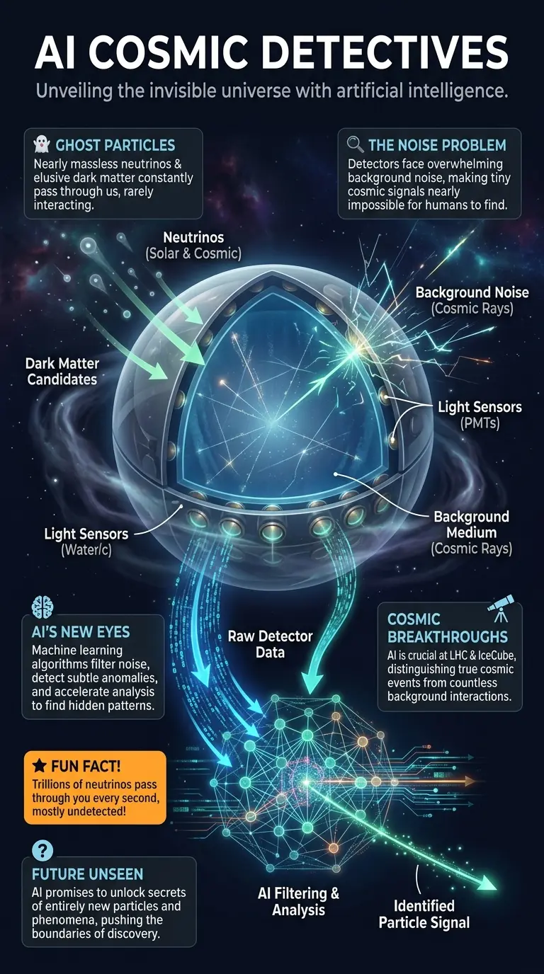 Infographic detailing how Artificial Intelligence (AI) helps detect invisible cosmic particles like neutrinos and dark matter. Features a central particle detector, AI neural network visualizations, labeled components, explanation boxes on ghost particles, noise problems, AI solutions, and future discoveries, all set against a dark cosmic background. Designed for educational purposes, highlighting advanced physics and machine learning.