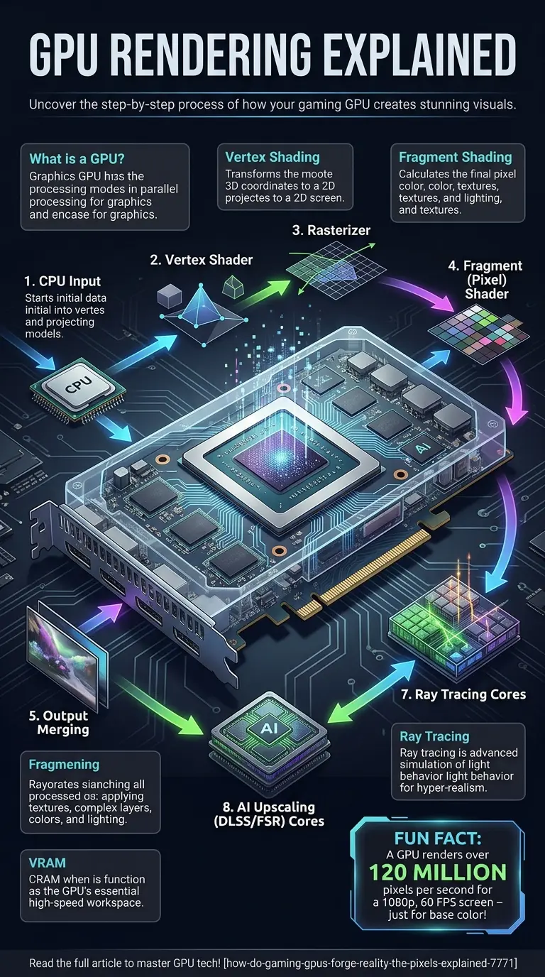 Detailed infographic explaining how gaming GPUs forge reality, illustrating the rendering pipeline from vertex shading to pixel output, including components like rasterization, fragment shaders, VRAM, ray tracing, and AI upscaling, for a better understanding of modern graphics technology.