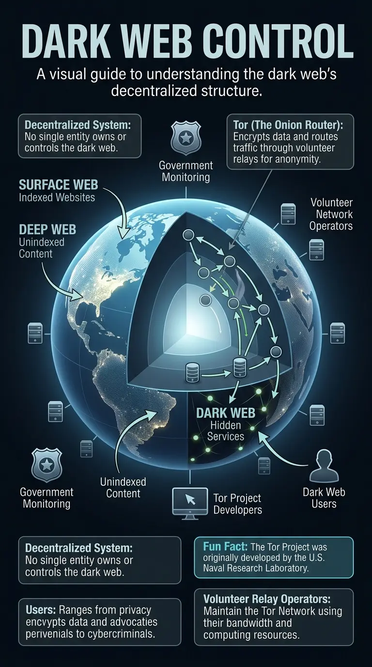 Infographic explaining the decentralized nature of the dark web and who controls its depths.