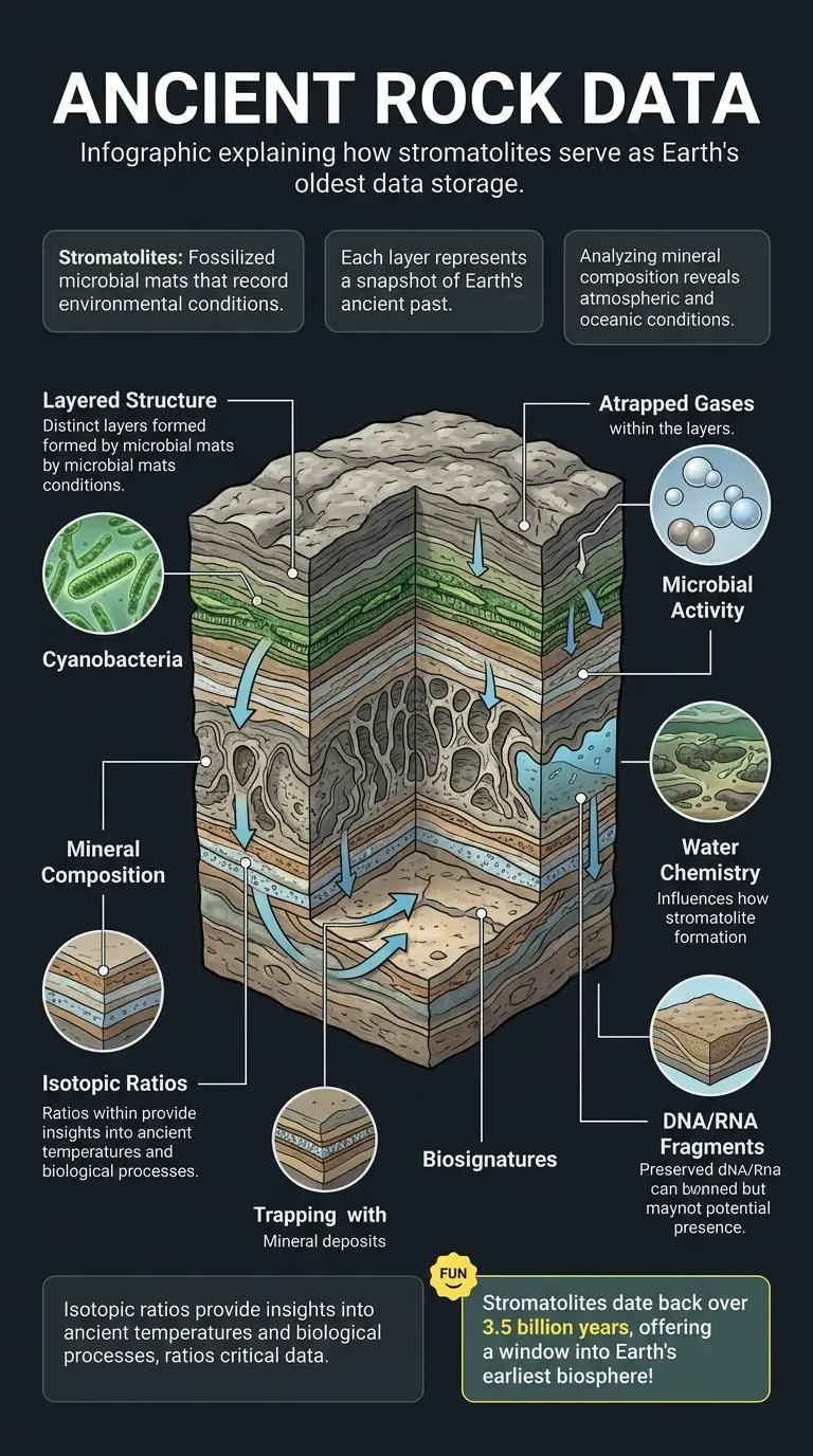 Infographic explaining how stromatolites, or "living rocks," act as Earth's oldest form of data storage, preserving records of ancient life and planetary conditions.