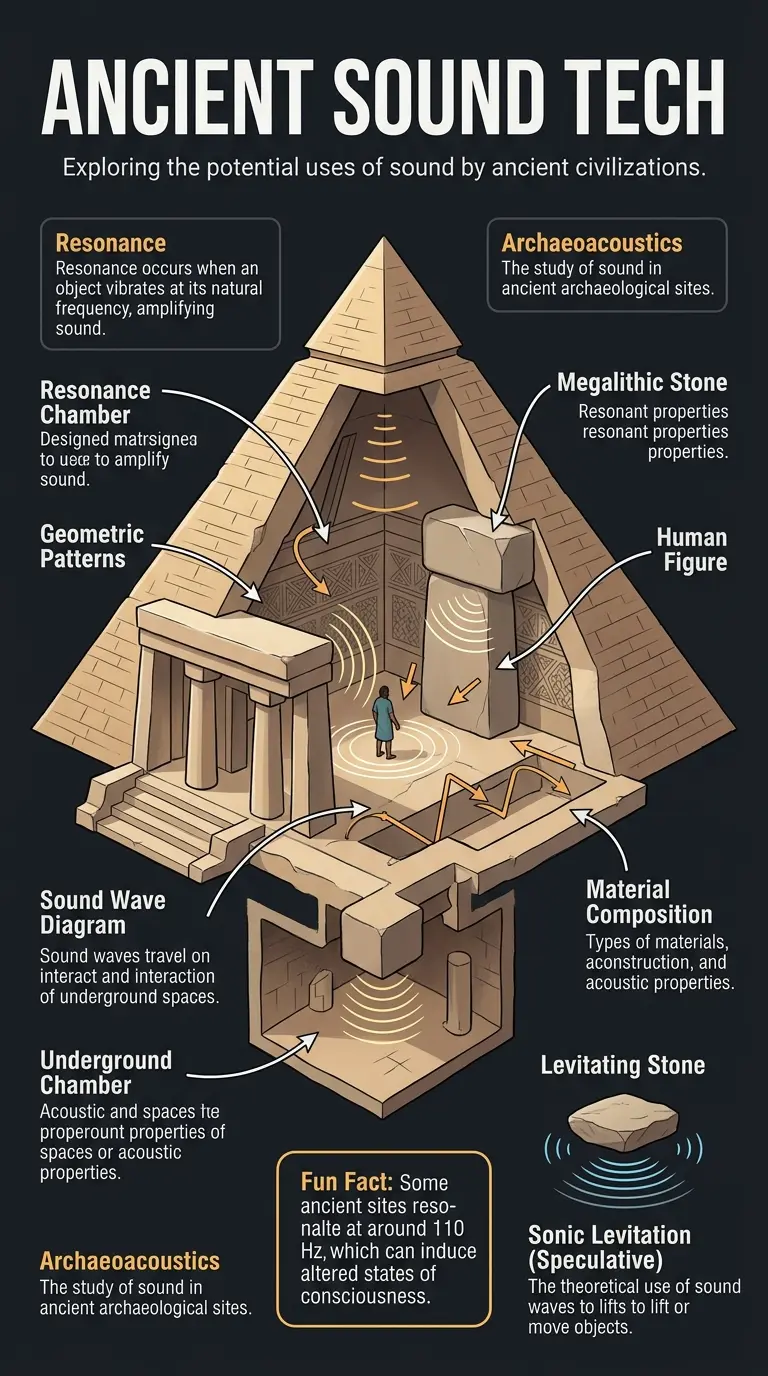 Infographic explaining the potential use of sound technology by ancient civilizations, including resonance, archaeoacoustics, and sonic levitation theories. #archaeoacoustics #ancienttechnology #lostknowledge