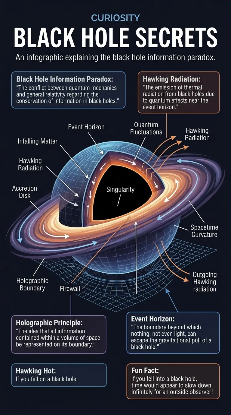 Infographic explaining the black hole information paradox, exploring theories of information conservation and loss, holographic principle, firewalls, and the search for a unified theory of quantum gravity.