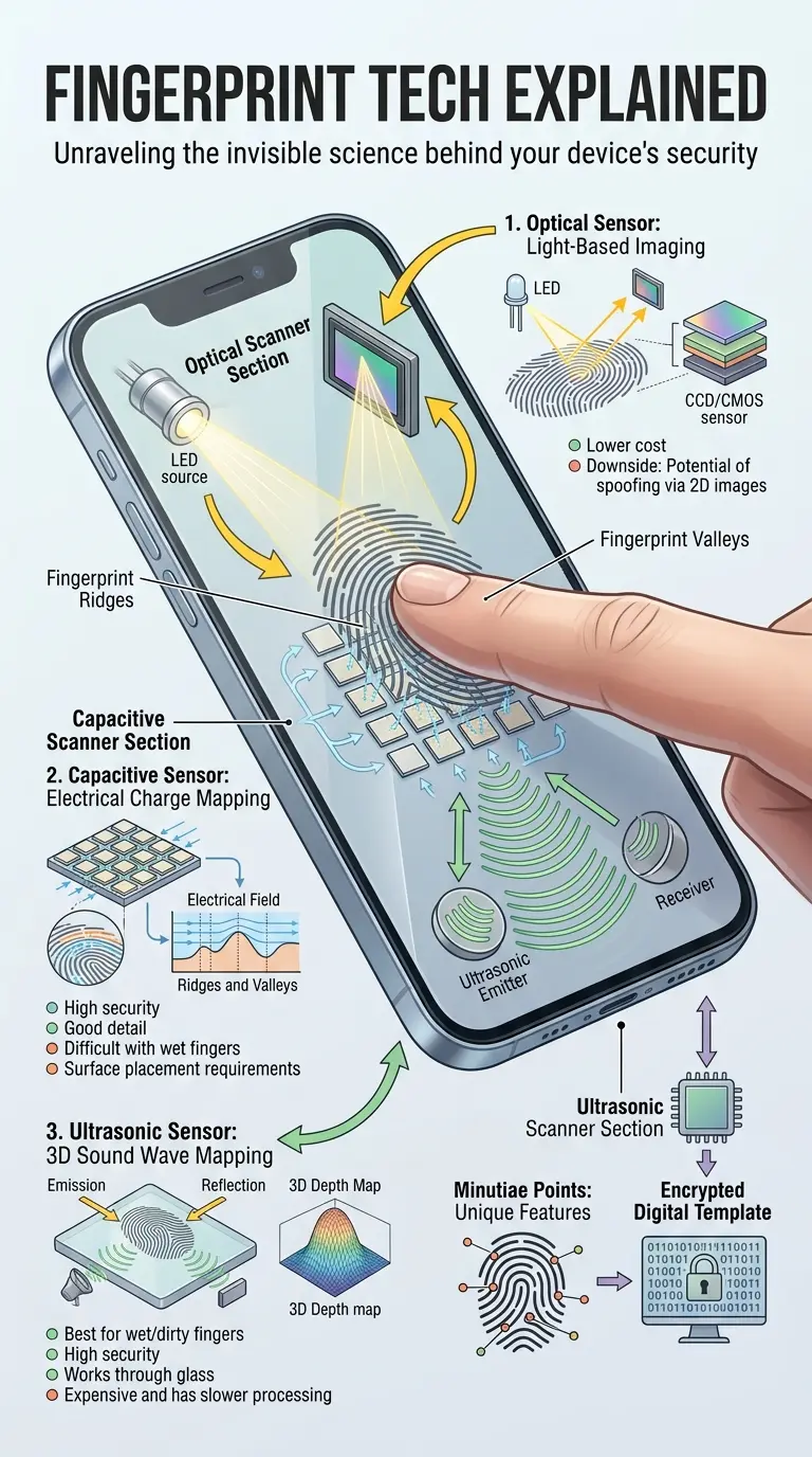 Educational infographic detailing the three main types of fingerprint scanning technology: Optical, Capacitive, and Ultrasonic. It visually explains how each scanner type detects unique fingerprint patterns using light, electrical capacitance, or sound waves. The infographic includes labeled components, directional arrows illustrating data flow for enrollment and verification processes, and small explanation boxes for key concepts. Visuals feature a stylized human finger interacting with a smartphone screen, revealing the underlying technology.