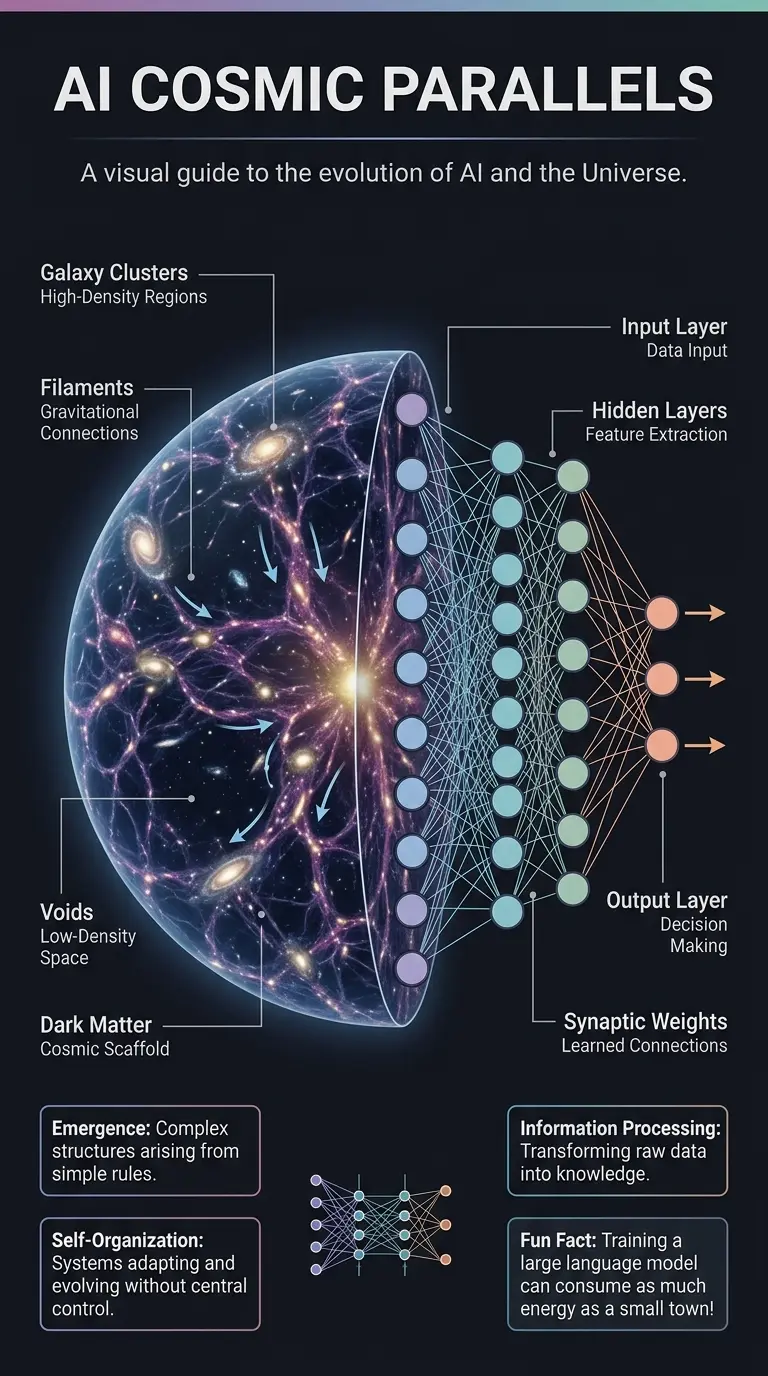 Infographic explaining the parallels between artificial intelligence and cosmic evolution, showing how AI mimics the universe's self-organizing processes.