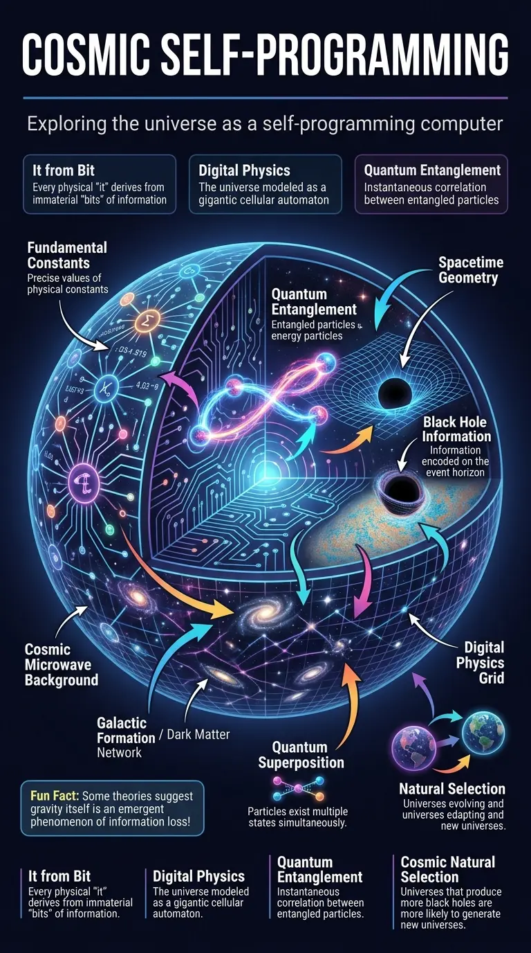 Infographic explaining the computational universe hypothesis, showing the universe as a self-programming computer with cosmic algorithms.