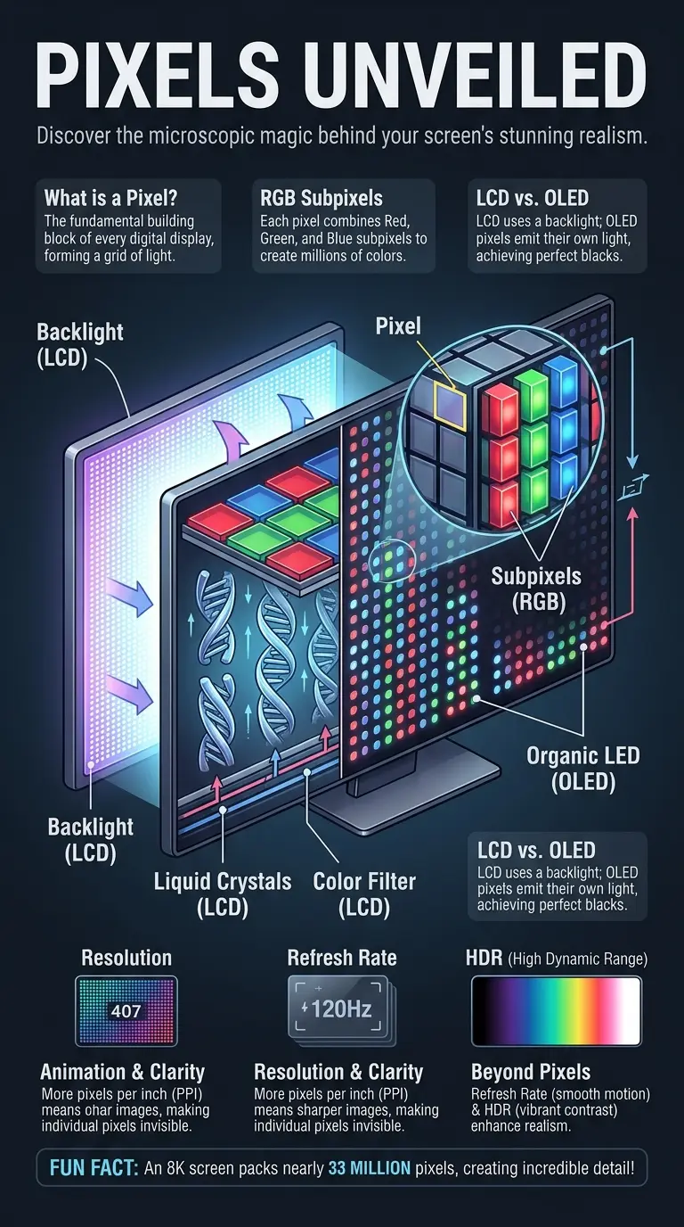 Infographic explaining the science behind screen realism, detailing pixels, subpixels (RGB), LCD and OLED technologies, refresh rate, and HDR, with a focus on how digital displays create immersive visuals. Features a cutaway view of a screen with labeled components and educational facts.