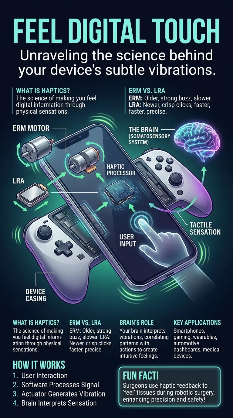 Educational infographic detailing haptic feedback technology. Features a central cutaway illustration of a modern smartphone or game controller, exposing internal components like Eccentric Rotating Mass (ERM) motors and Linear Resonant Actuators (LRAs). Labeled elements include user input, haptic processor, somatosensory system (brain), and tactile sensation, connected by directional arrows showing signal and vibration flow. The infographic includes explanation boxes for "What is Haptics?", "ERM vs. LRA", "Brain's Role", and "Key Applications", a 4-step process section, and a "Fun Fact" box about haptics in surgery. The visual style is semi-realistic, tech magazine-like, with a dark background and vibrant, modern color palette, optimized for vertical viewing.