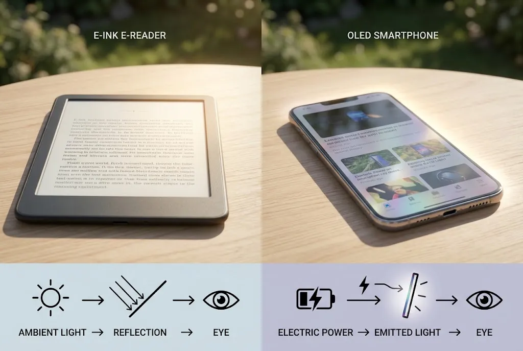 Comparison of reflective E-Ink and self-lit OLED screen behavior in daylight