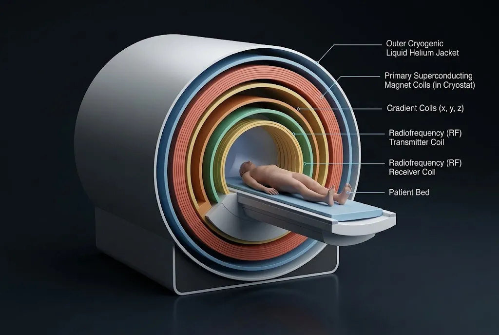 Cross-section diagram showing internal magnetic and radiofrequency coils inside an MRI scanner.