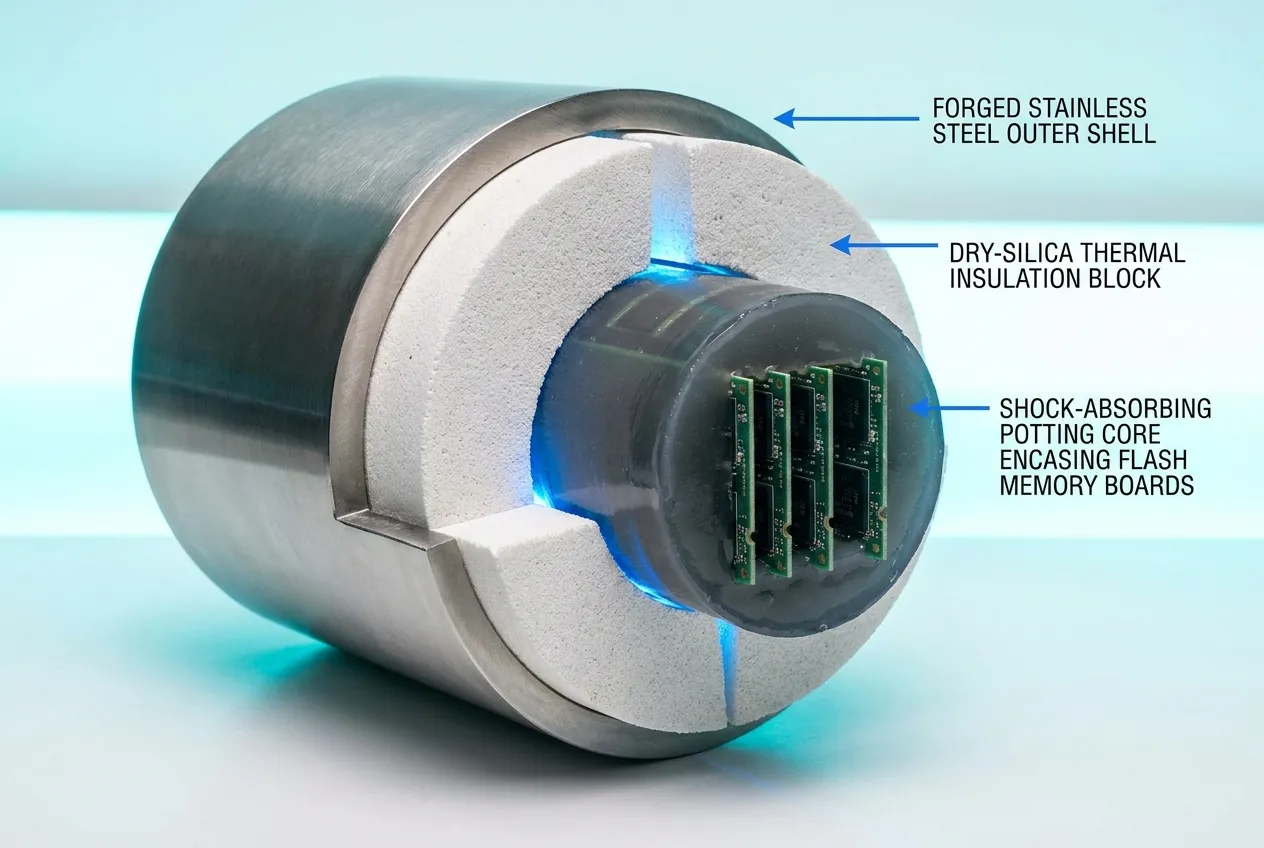 Cutaway cross-section diagram showing the three protective armor layers of a flight data recorder memory unit