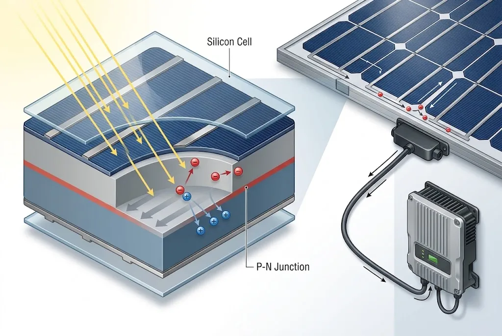 Cutaway diagram showing photon absorption, charge separation and DC output in a solar cell