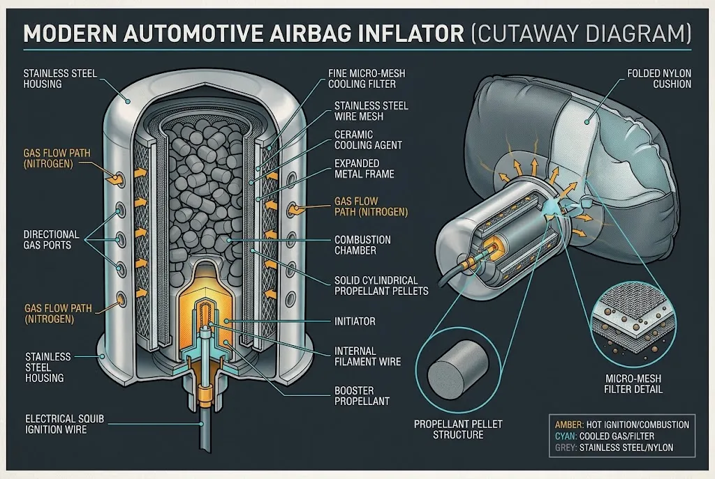 Cutaway diagram showing the internal squib, propellant pellets, and gas filter of an airbag inflator