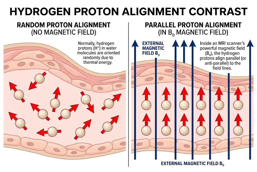Diagram comparing random hydrogen proton spins versus aligned protons inside a strong magnetic field.