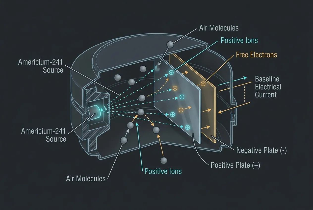 Diagram showing the internal ionization chamber of a smoke detector with alpha particles ionizing air molecules