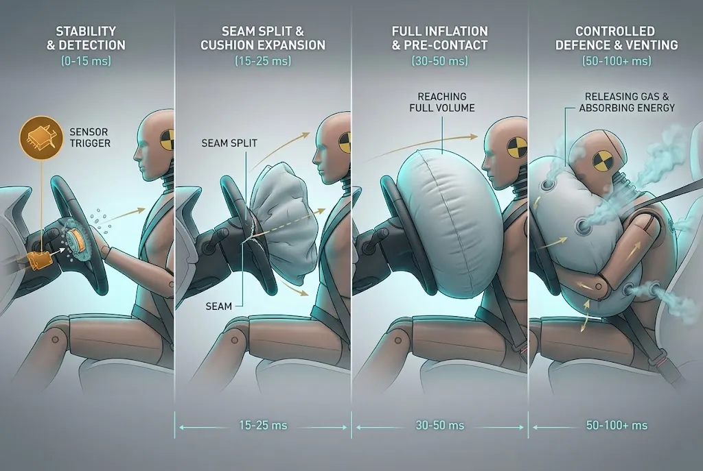 Four-stage sequential infographic showing an airbag deploying and venting upon occupant contact