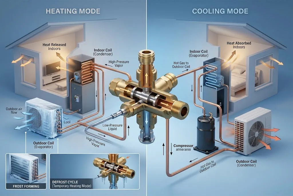 Reversing valve and defrost cycle in a heat pump