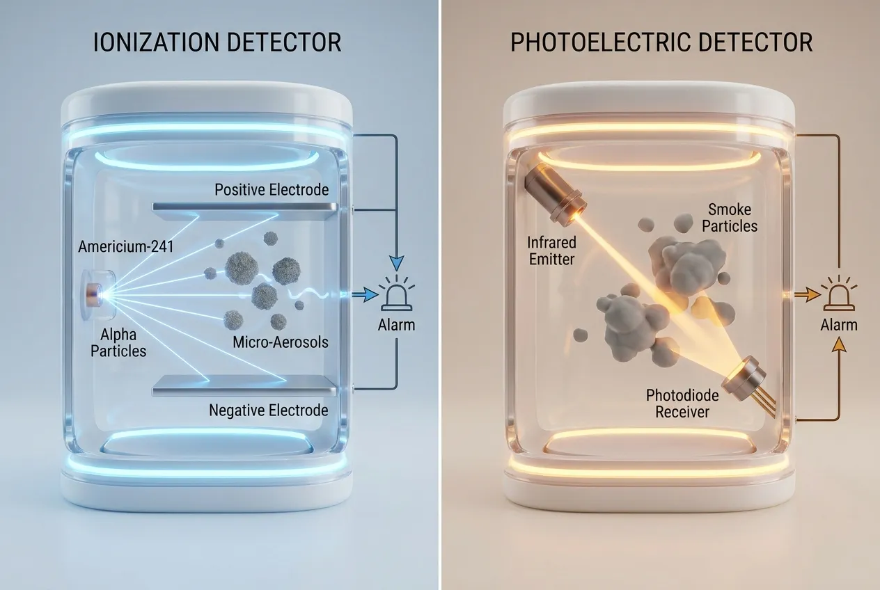 Side-by-side technical comparison showing ionization detection versus photoelectric optical scattering