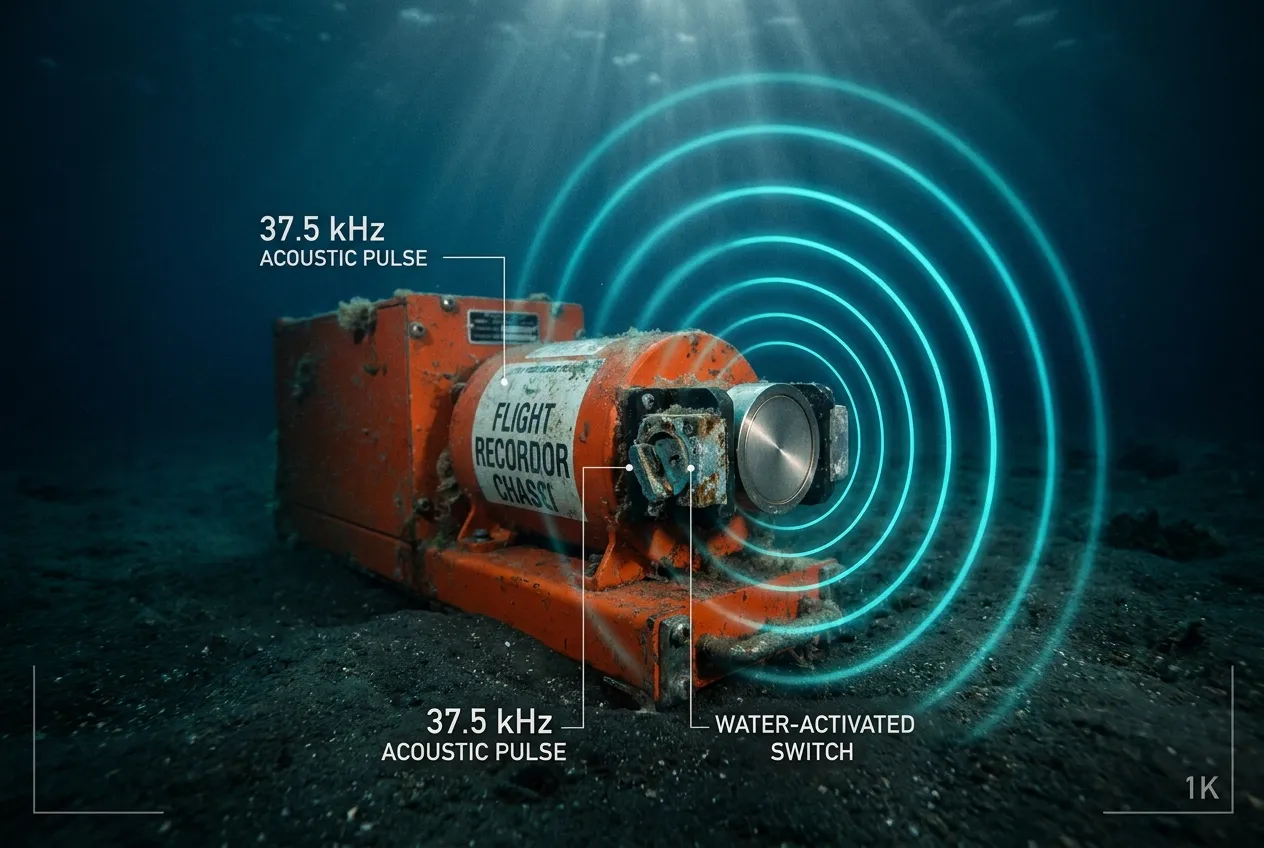 Technical visualization of an underwater locator beacon emitting acoustic pulses in deep ocean water