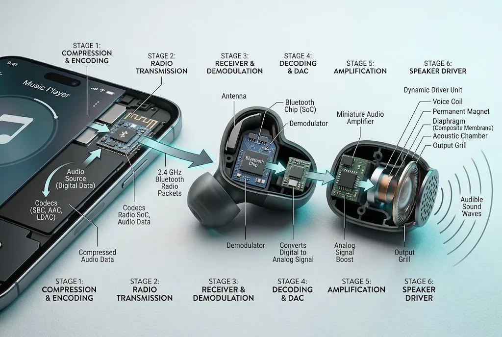 Bluetooth audio path from phone to earbud speaker