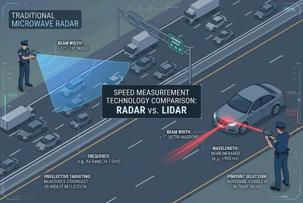 Comparison infographic showing wide radar beam dispersion across highway lanes versus pinpoint lidar laser targeting a single vehicle