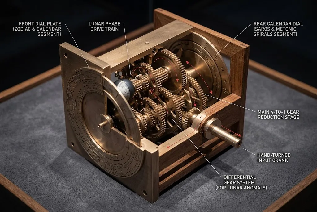 Cutaway diagram of the Antikythera Mechanism gear train