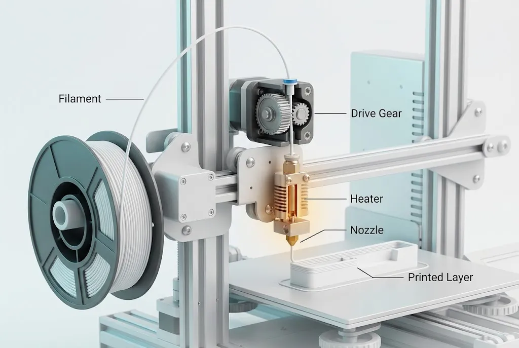 Cutaway diagram showing how filament moves through a 3D printer nozzle