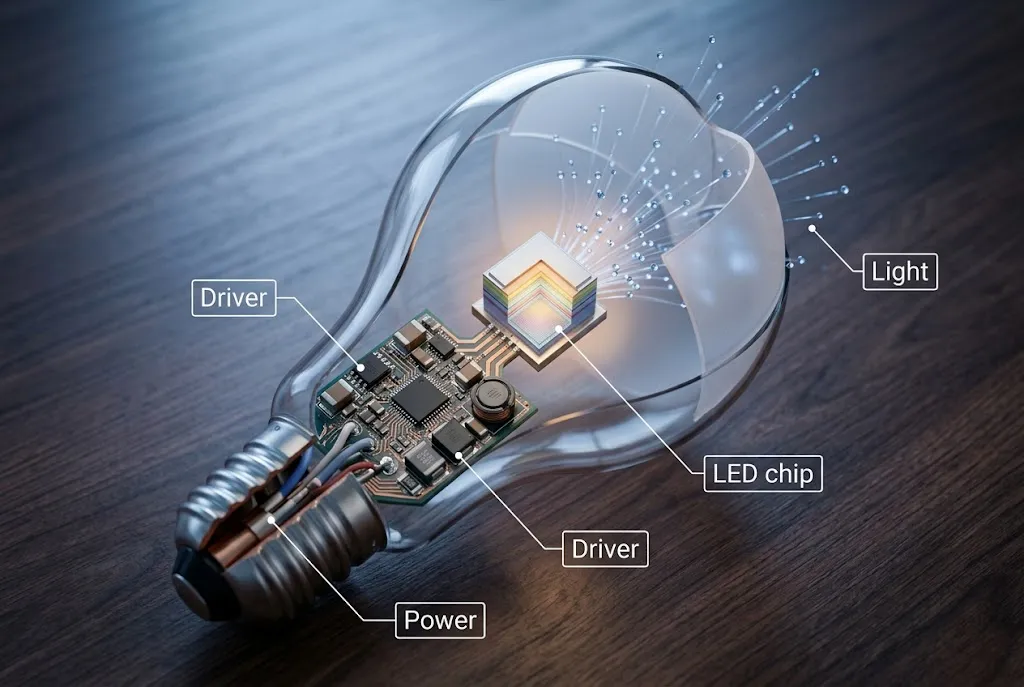 Cutaway diagram showing LED bulb power, driver, chip, and light