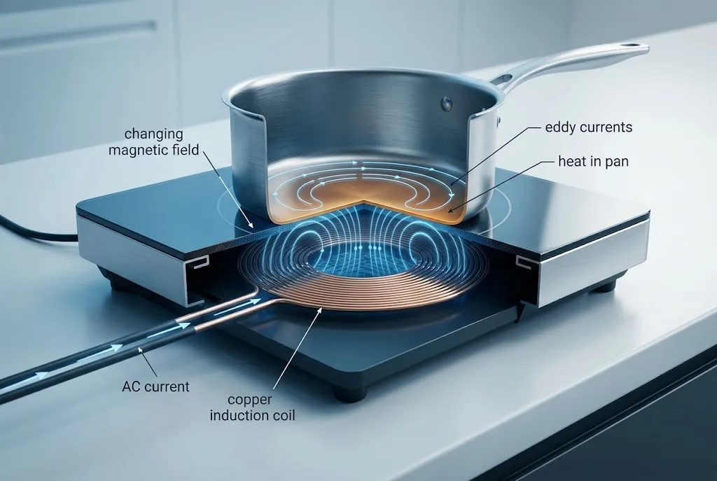 Cutaway diagram showing the coil, magnetic field, eddy currents, and heat inside an induction pan