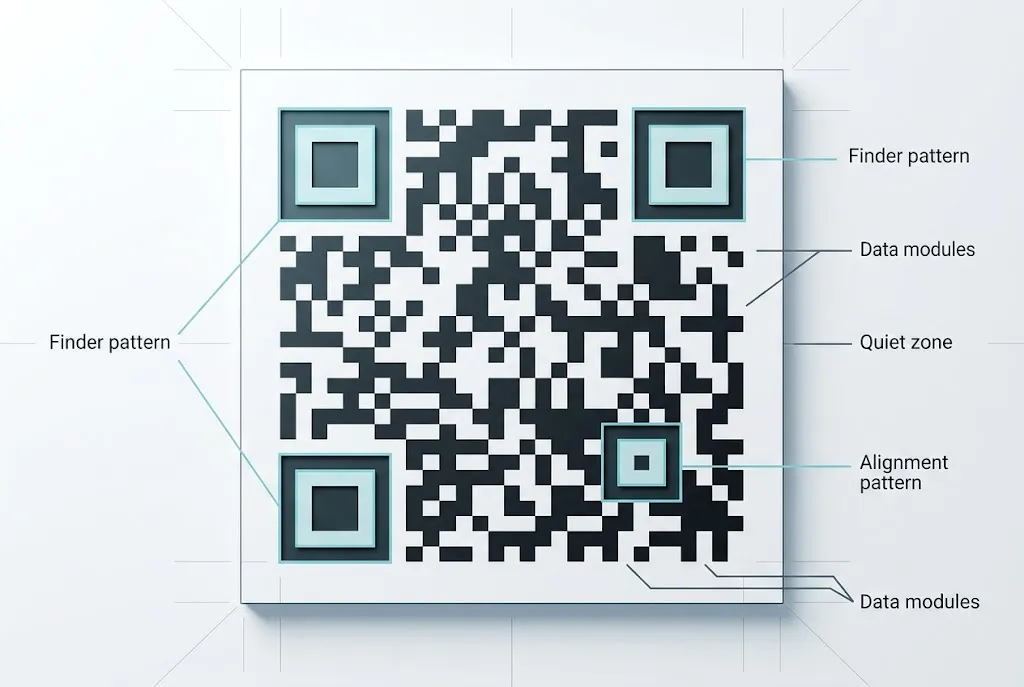 Diagram of QR code finder and alignment patterns