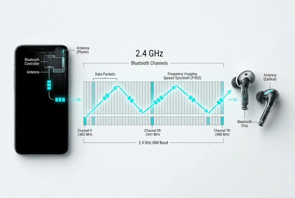 Diagram showing Bluetooth radio packets and frequency hopping
