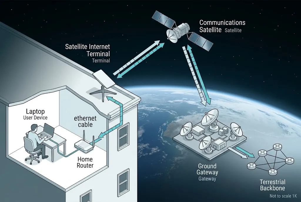 Labeled diagram showing how data travels between a device, satellite terminal, satellite, gateway and internet