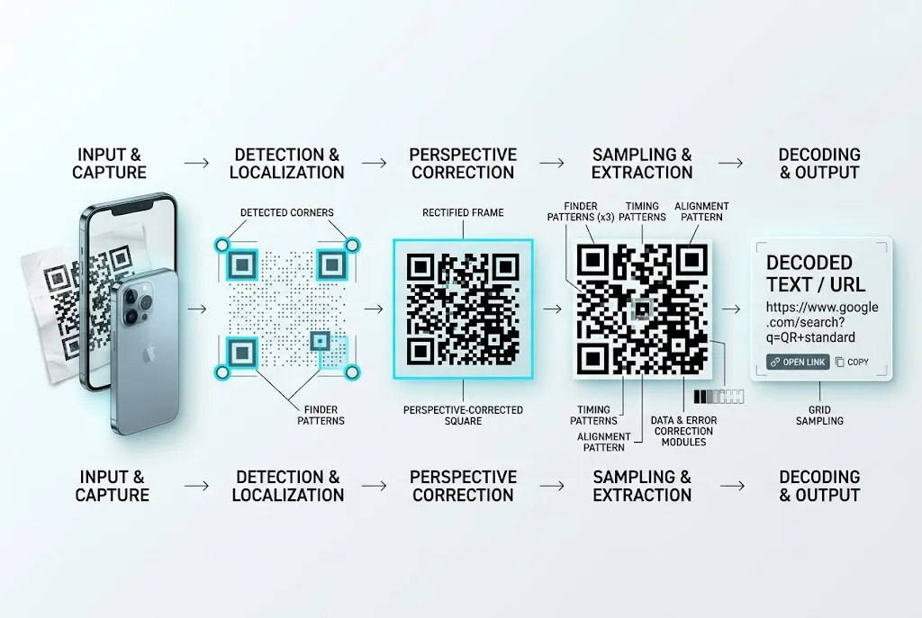 QR code decoding workflow from camera image to data