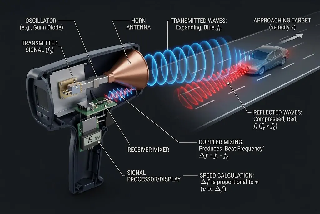 Technical diagram showing microwave emission and compressed Doppler shift reflection between a speed radar gun and moving car