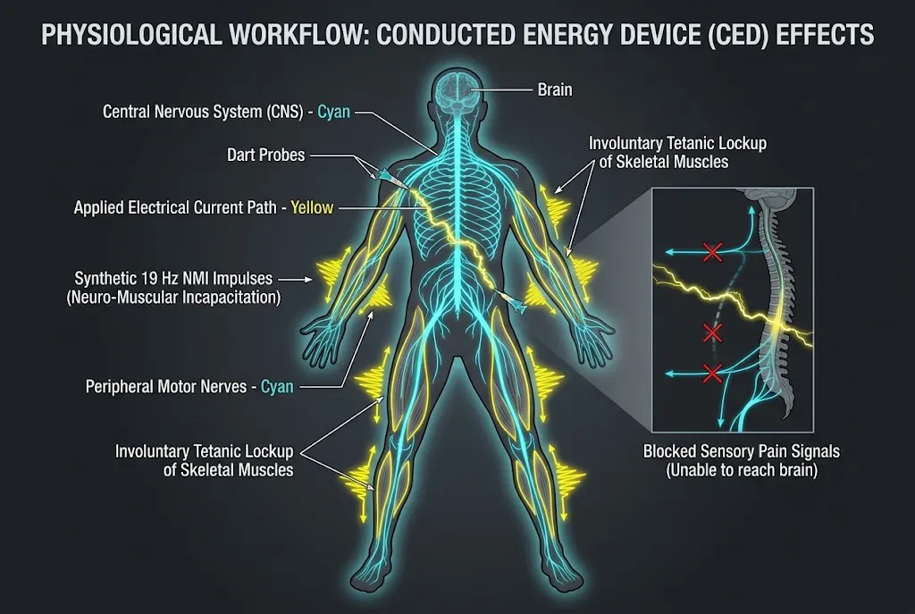 Anatomical diagram of neuromuscular incapacitation overriding motor nerves and locking skeletal muscles