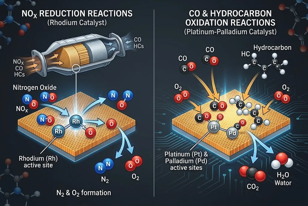 Chemical reaction infographic showing the reduction and oxidation stages of automotive exhaust catalysis